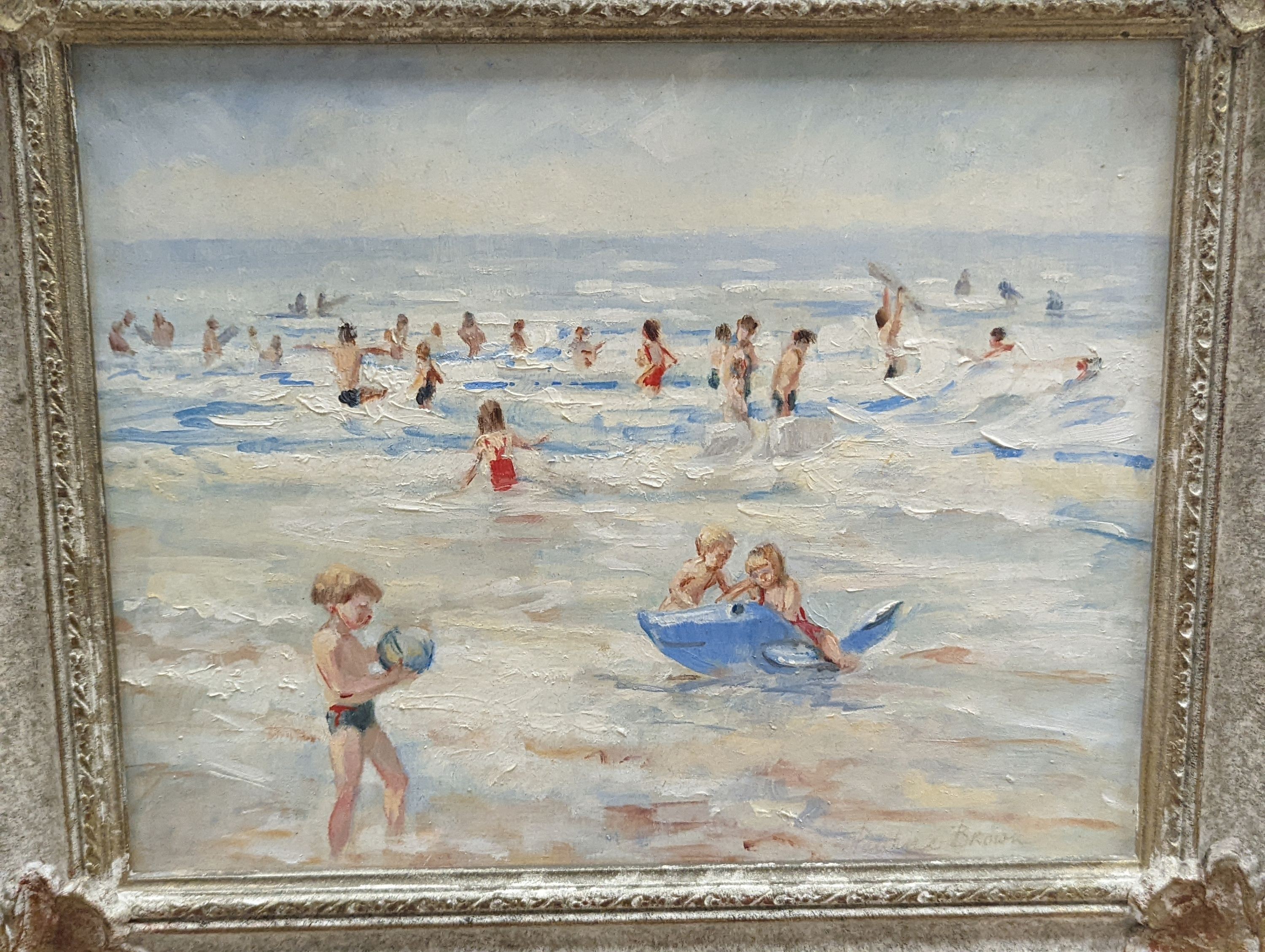 Pauline Brown (b.1926), pair of oil on boards, depicting Brighton Summer beach-scapes, signed, 19 x 24cm